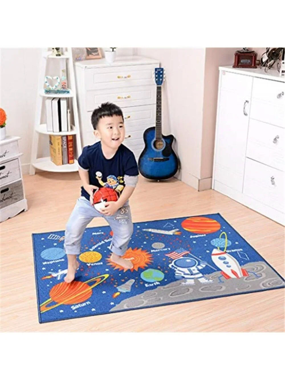 Outer Space Kids Play Area Rug, Solar System Carpet, Galaxy Planets Stars Play
